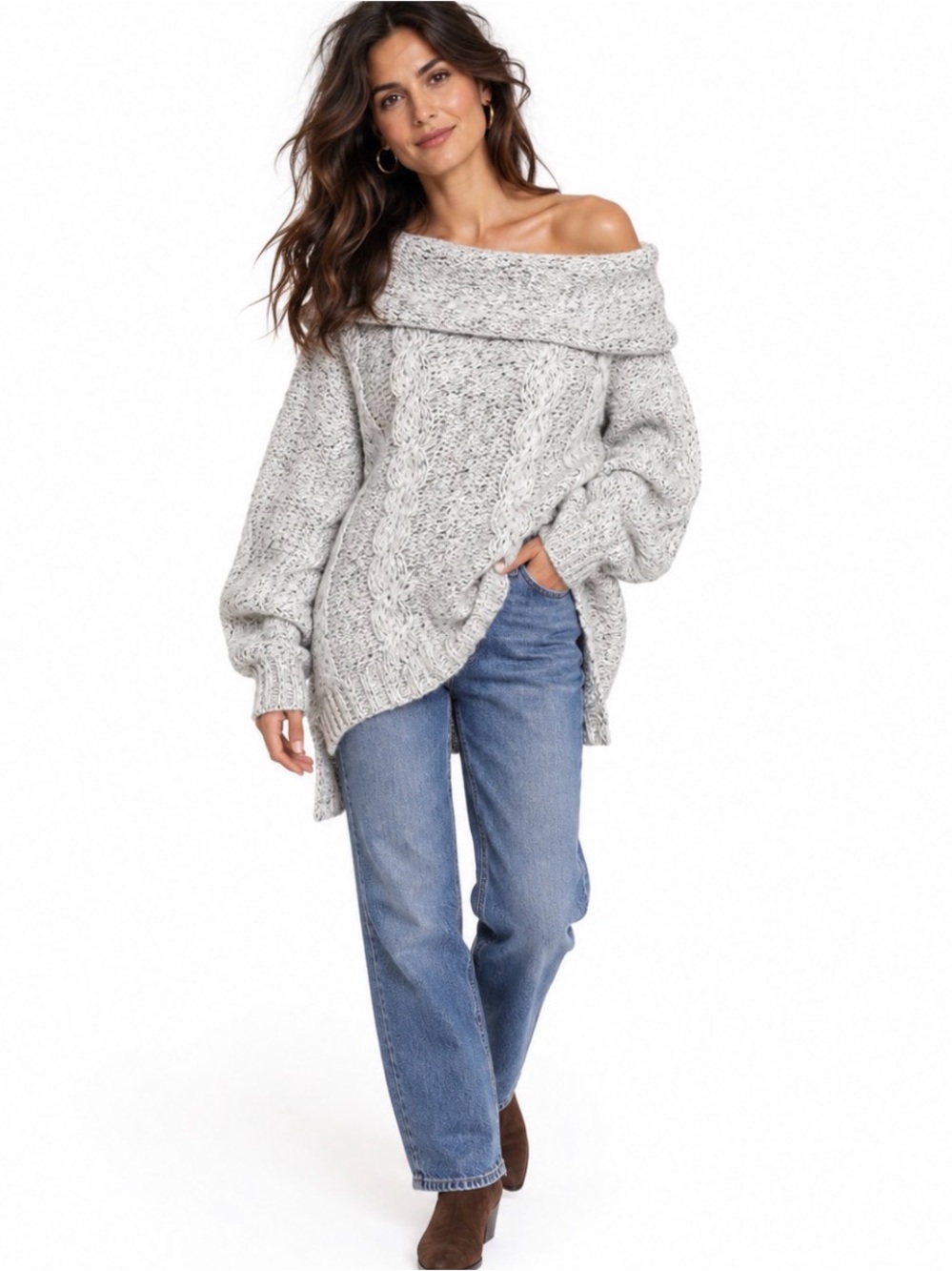 Kensie Off‑Shoulder Oversized Cable Knit Sweater • Gray Tweed • Women’s L EUC